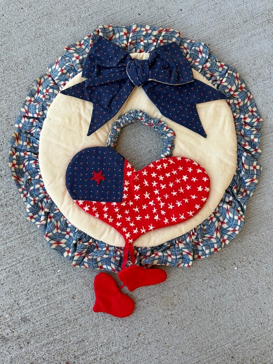 Other - Handmade Cloth Patriotic USA Wreath Door Hanger Fabric Quilted Hearts Painted